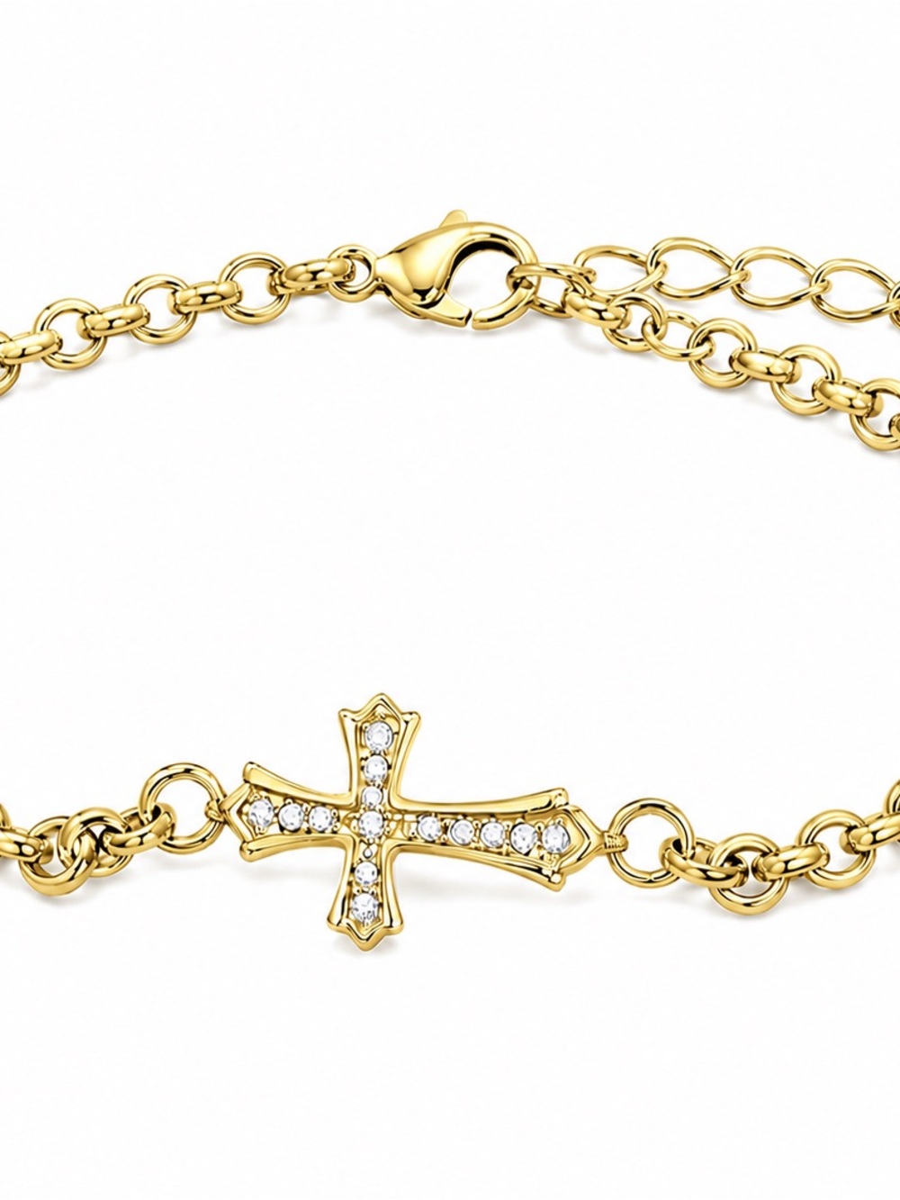 Gold Stainless Steel Cross Bracelet for Women, Zircon Diamond Design